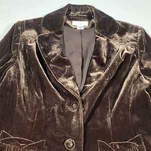 Nine West Woman Velvet Blazer Brown Ruched Silk Blend Button Front Size 14W‎